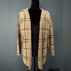CHEROKEE Tan 100% Wool Plaid Hooded Cardigan Sz S